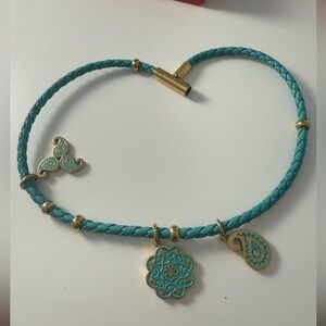 Turquoise Braided Leather Charm Necklace with Gold Accents